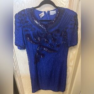 Vintage Silky Nites Blue Beaded Mini Dress Womens Sz 12 100% Silk Retro Coquette